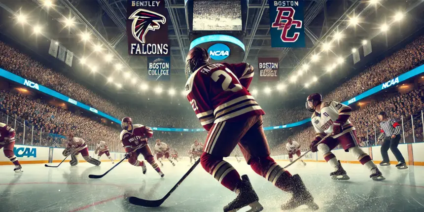 Bentley University hockey team in action, Boston College hockey players on the ice, NCAA tournament Bentley vs. Boston College